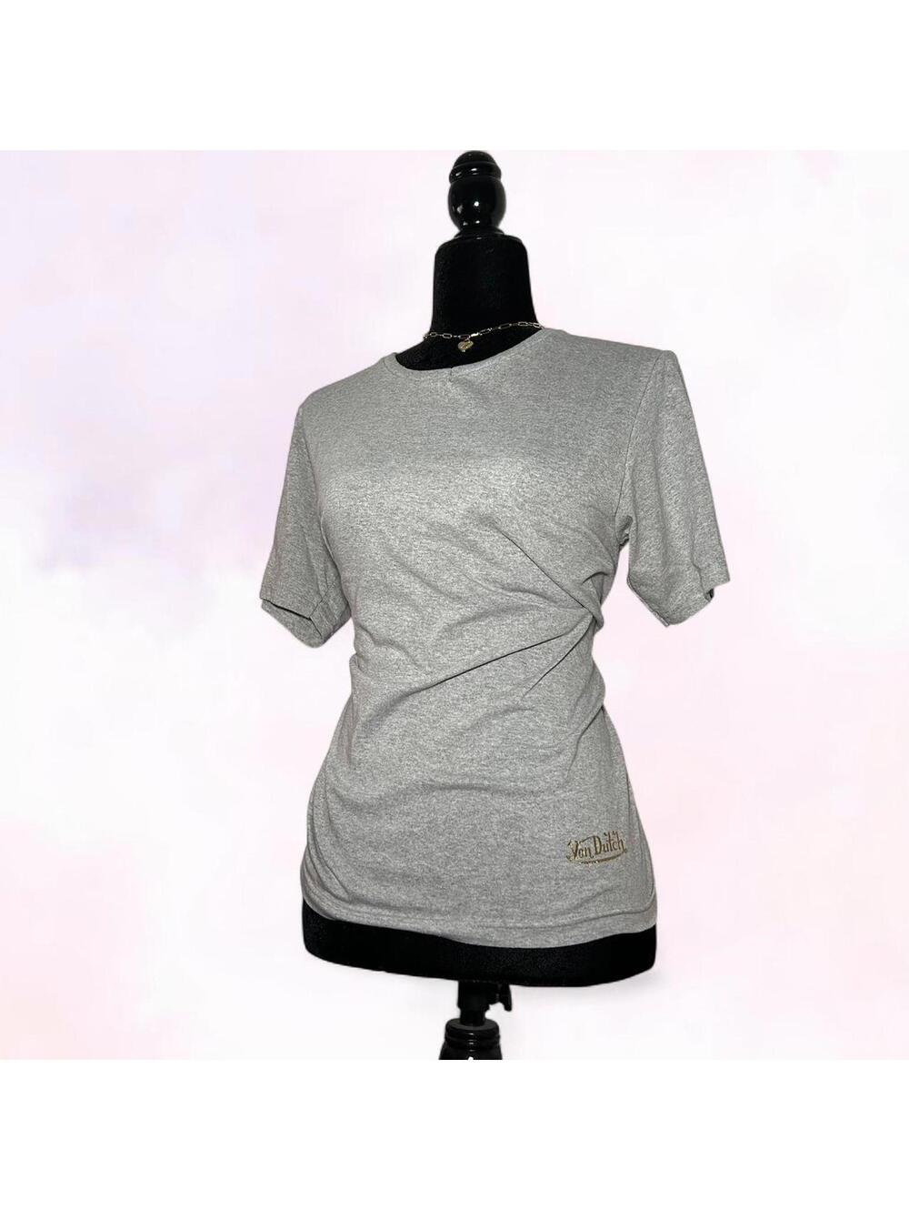 Von Dutch Grey V-Neck T-Shirt Gold Logo Size Medium Y2K McBling Streetwear - Picture 6 of 6